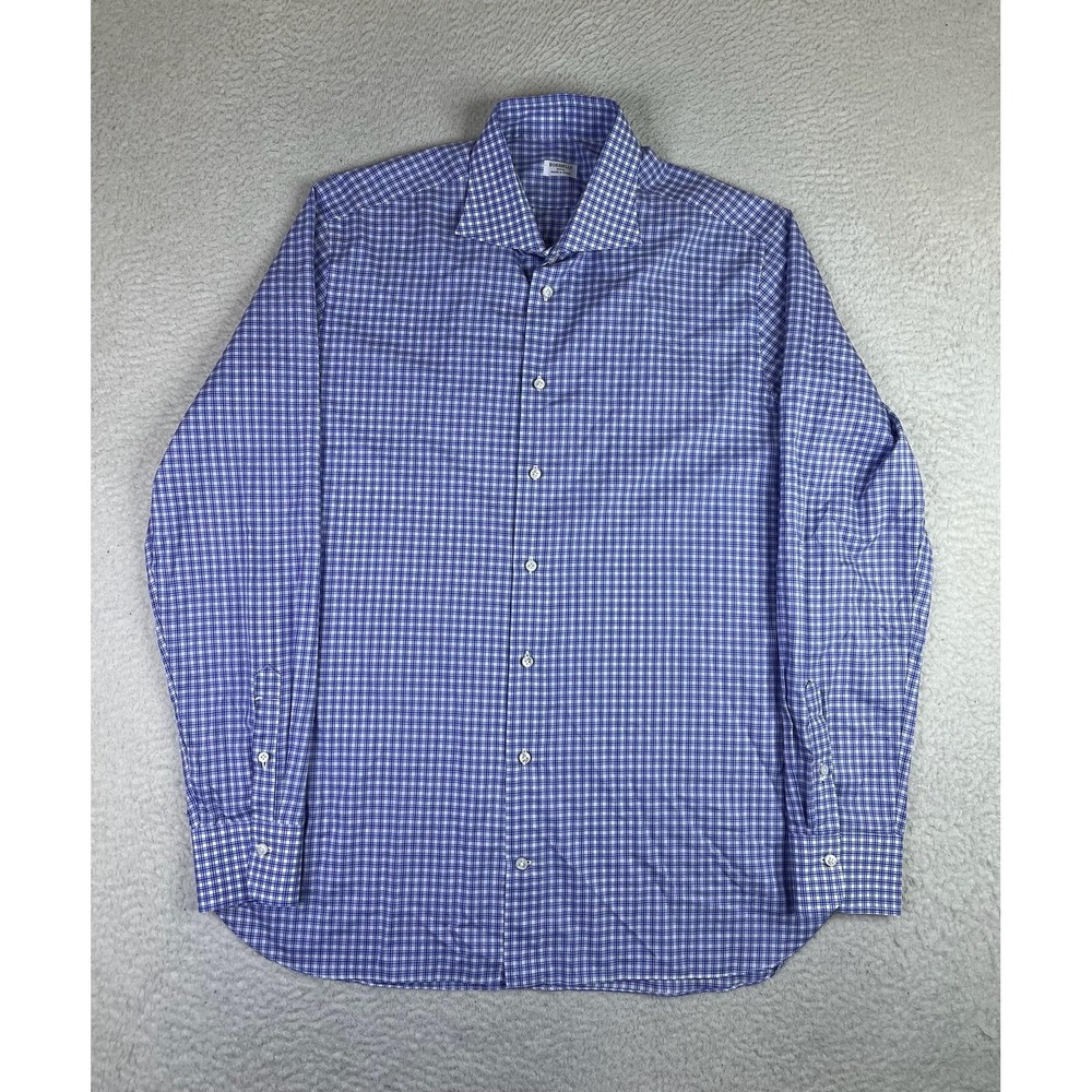Borriello Napoli Dress Shirt Mens 17 34/35 Blue Check Classic Cotton Made Italy